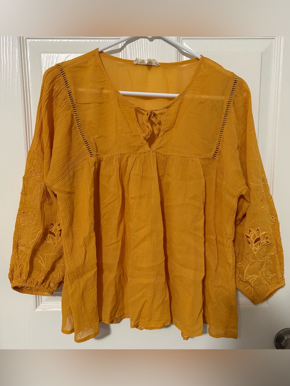 Mustard Yellow Boho Peasant Tunic with Embroidered Sleeves